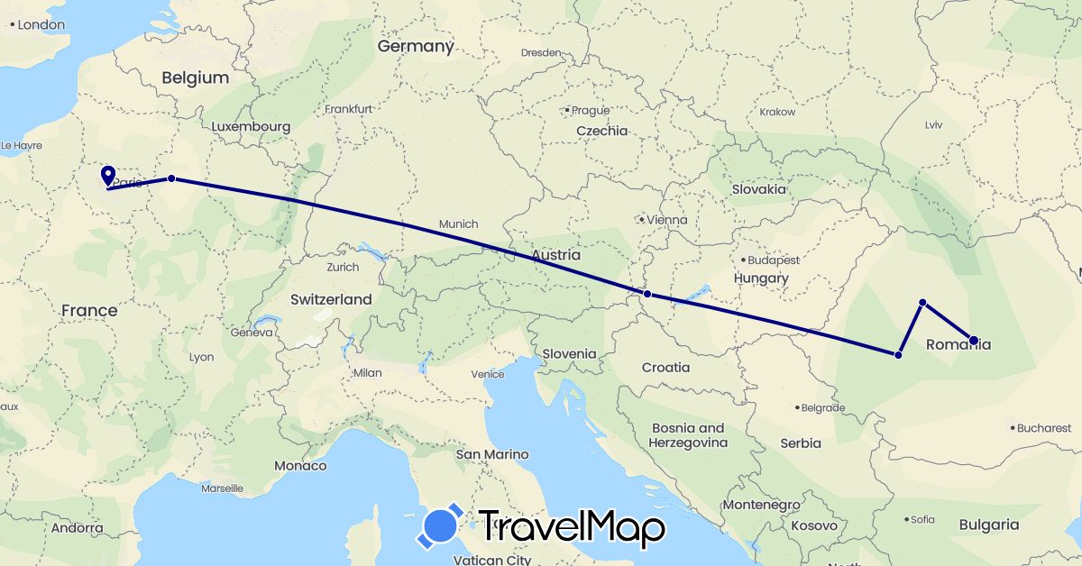 TravelMap itinerary: driving in France, Hungary, Romania (Europe)